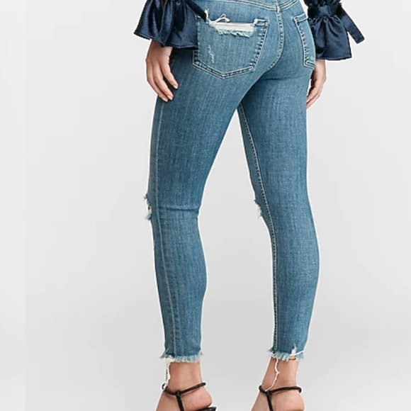 High Waisted Hyper Stretch Ripped Raw Hem Skinny Jeans - Picture 4 of 8